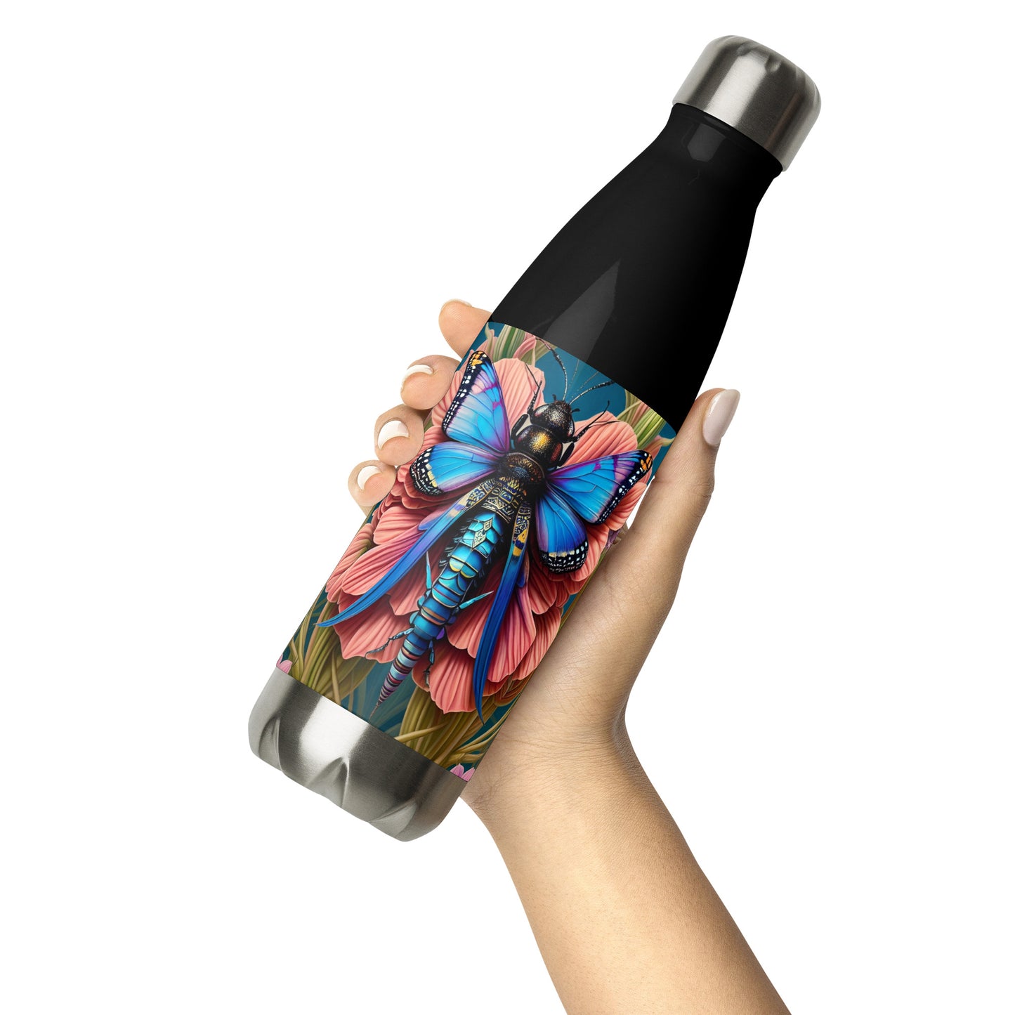 Butterfly Blush, Black, Stainless Steel Water Bottle