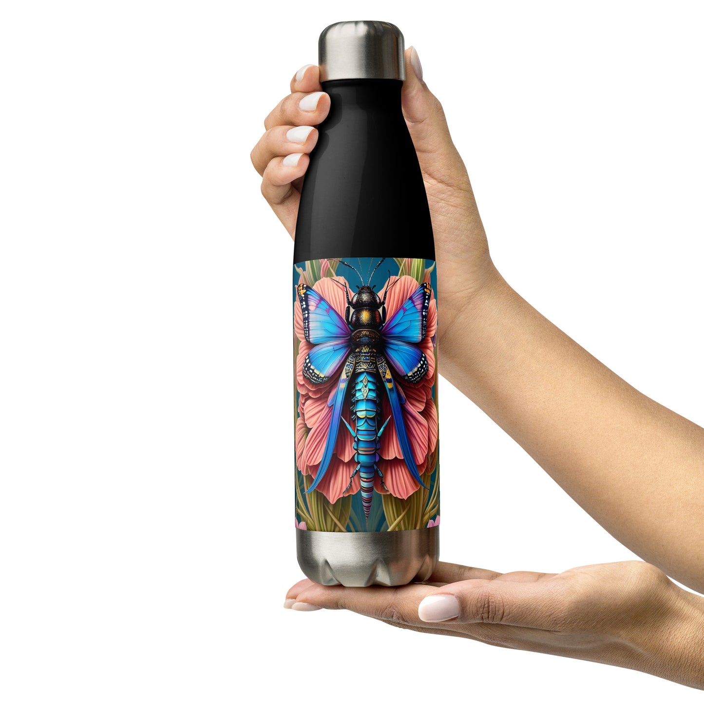 Butterfly Blush, Black, Stainless Steel Water Bottle