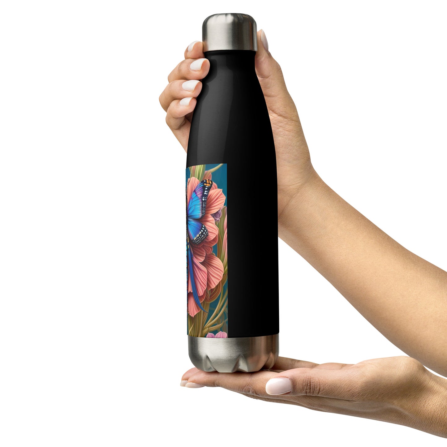 Butterfly Blush, Black, Stainless Steel Water Bottle