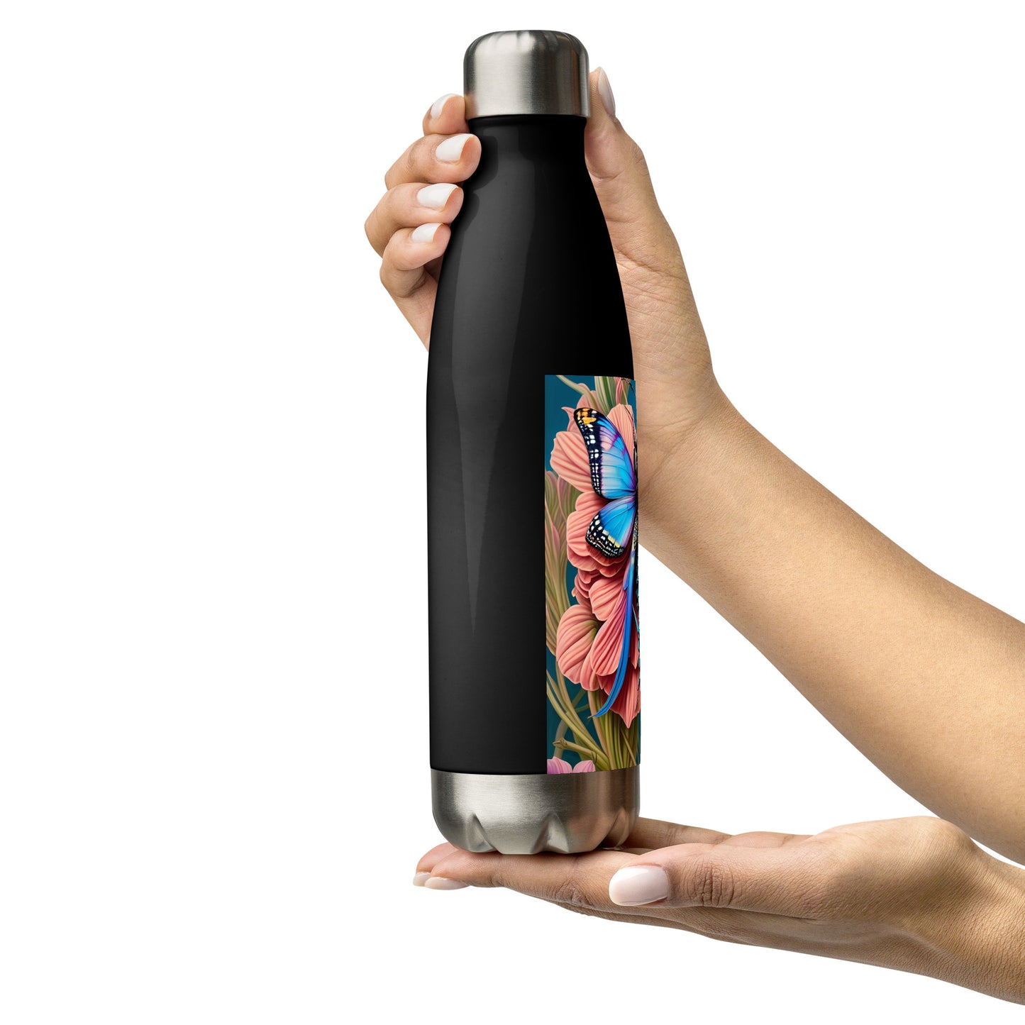 Butterfly Blush, Black, Stainless Steel Water Bottle